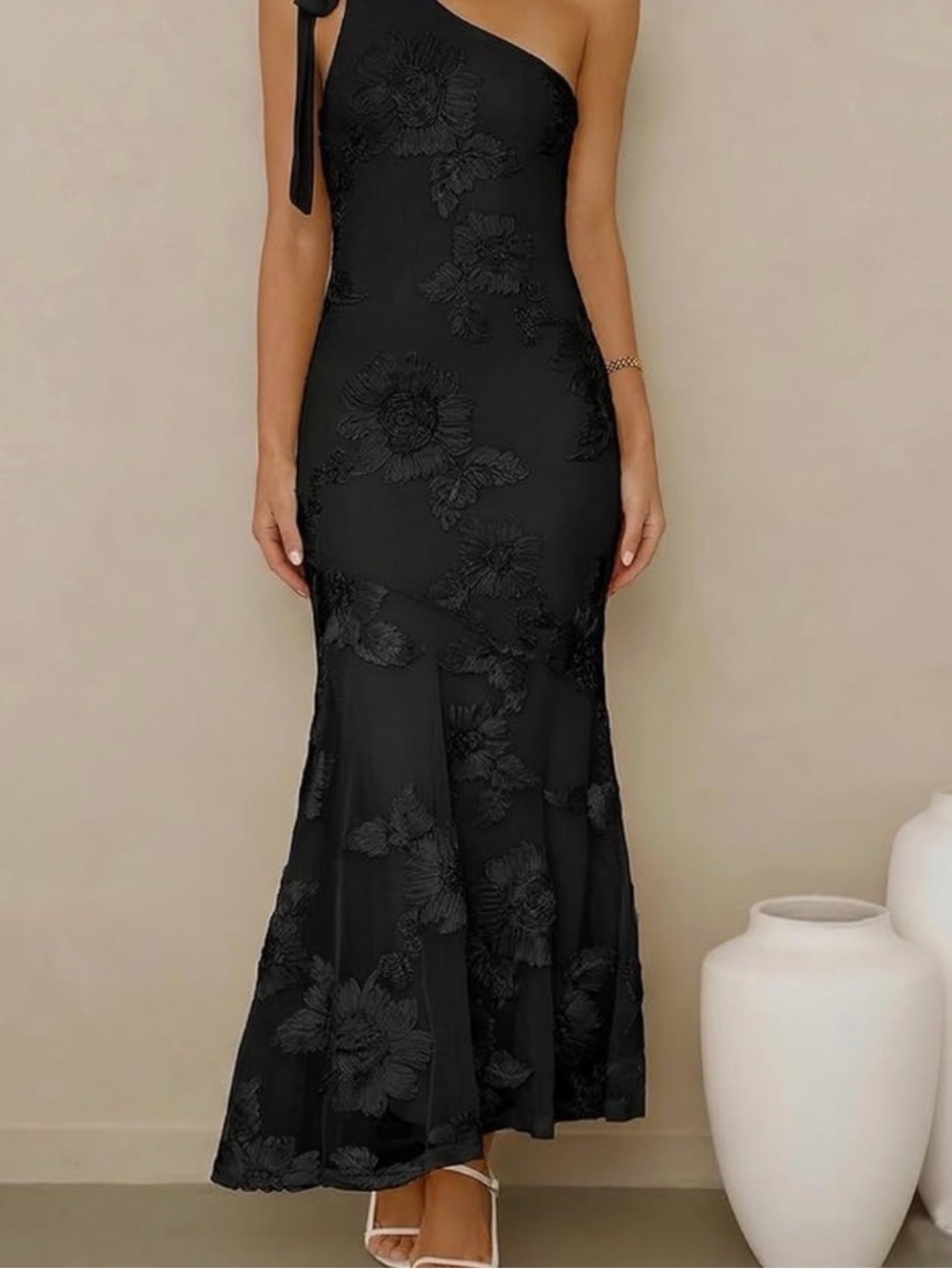One-Shoulder Black Floral Embroidered Maxi Dress